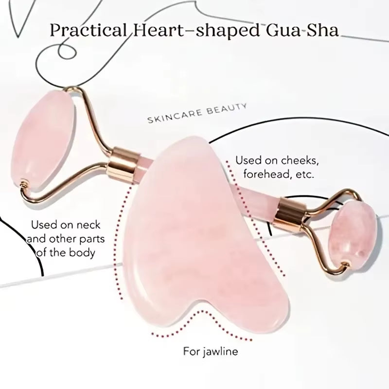 Natural stone jade gua sha scraping tools for facial massage and skincare, including heart-shaped scraper and roller.