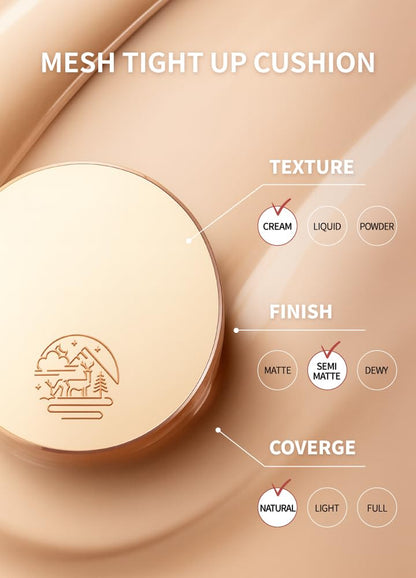 Natural Coverage – Mesh Tight up Cushion – Korean Cushion Foundation, Semi-Matte Radiance, Long-Lasting, Travel-Friendly Design (02 Light/Medium Beige)