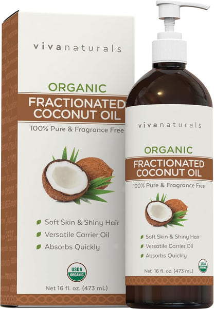 Viva Naturals Organic Fractionated Coconut Oil, 16 Fl Oz – organic fractionated coconut oil for skin and hair, moisturizer and massage oil.