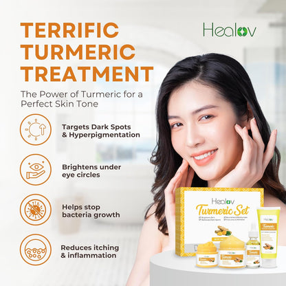 Turmeric Skincare Set – Turmeric Face Cleanser, Body Scrub, Cream &amp; Facial Serum – Skin Brightening Hyperpigmentation Treatment, Dark Spot Corrector – Skincare Kit for a Glowing Complexion