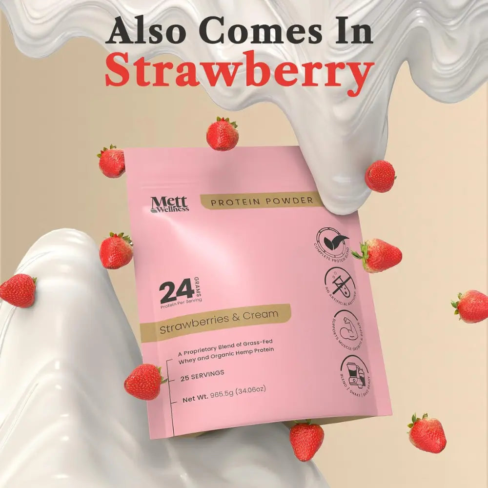 Mett Wellness Protein Powder | Dark Chocolate Grass-Fed Whey + Hemp Heart Protein | 24G Protein per Serving | 30 Servings