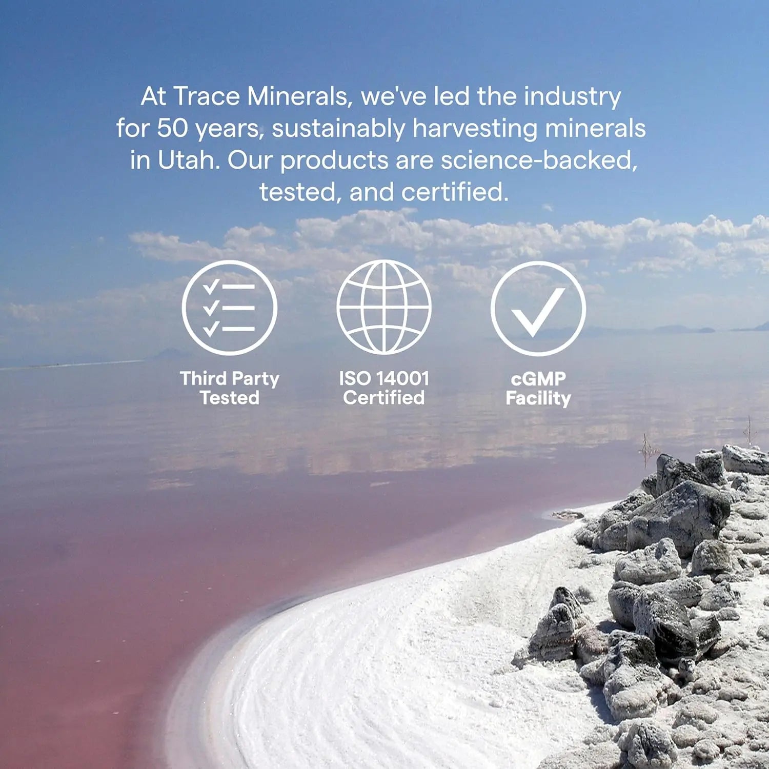 ConcenTrace trace mineral drops for hydration from Trace Minerals, highlighting certifications and mineral sustainability.