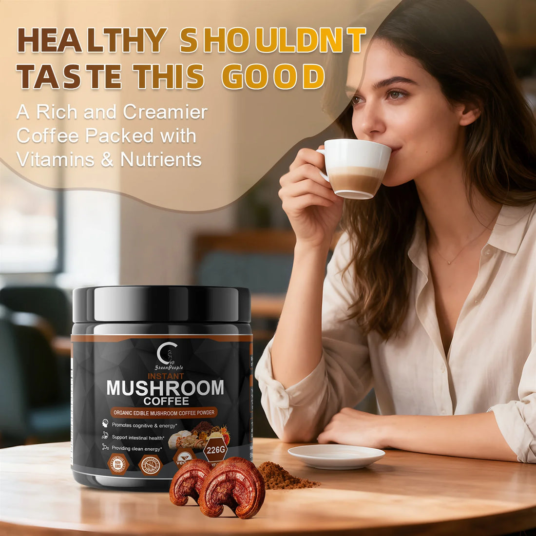 Instant Mushroom Coffee, Greenpeople Organic Mushroom Coffee Powder Supplements with Lion&