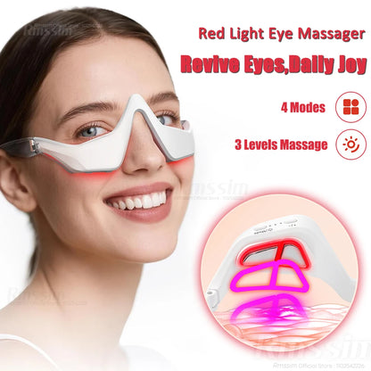 Eye Massager 3D Red Light EMS with 4 modes and 3 intensity levels for revitalizing eyes and relieving fatigue.