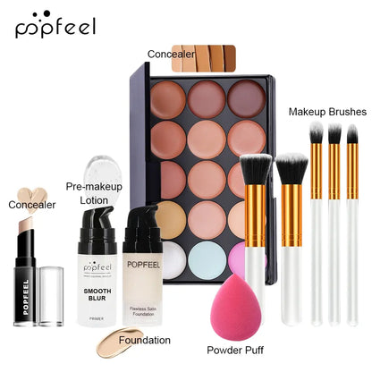 Popfeel Face Makeup Set 10-Piece Kit, Concealer &amp; Primer Cream, Complete Cosmetic Collection for Teen Girls, Includes Brushes, Daily Makeup Kit
