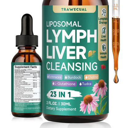 Trawecual Liposomal Lymphatic Support&amp; Liver Cleanse Help Drops 23-In-1 for Detox &amp; Immune Boost with Echinacea NAC TUDCA L-Glutathione Burdock Raspberry Flavor 2 Fl Oz - Natural, Healthcare Supplement Healthy
