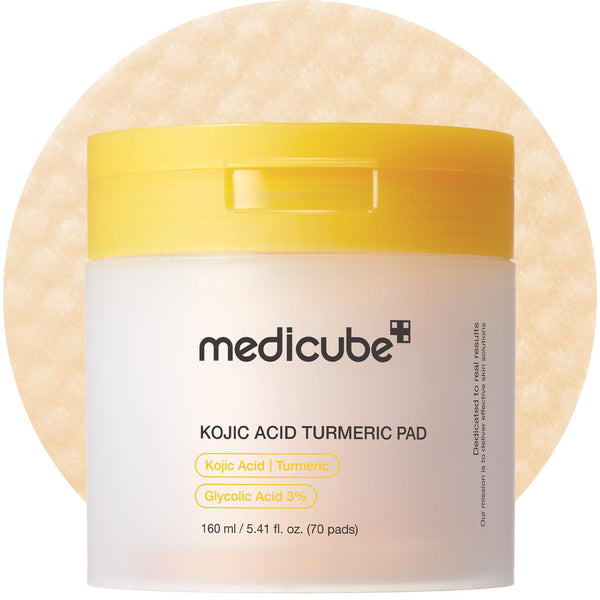 Medicube Kojic Acid Turmeric Clarifying Toner Pads for troubled skin, featuring glycolic acid for effective smoothing.