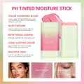 Temperature Change Tint Blush Stick showcasing color-changing blush, silky texture, and multiple uses for cheeks and eyes.