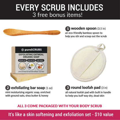 Purescrubs Premium Coconut Body Scrub Set - Large 16Oz Dead Sea Salt Body Scrub with Infused Essential Oils &amp; Nutrients, Includes Wooden Spoon, Loofah &amp; Oatmeal Exfoliating Bar Soap