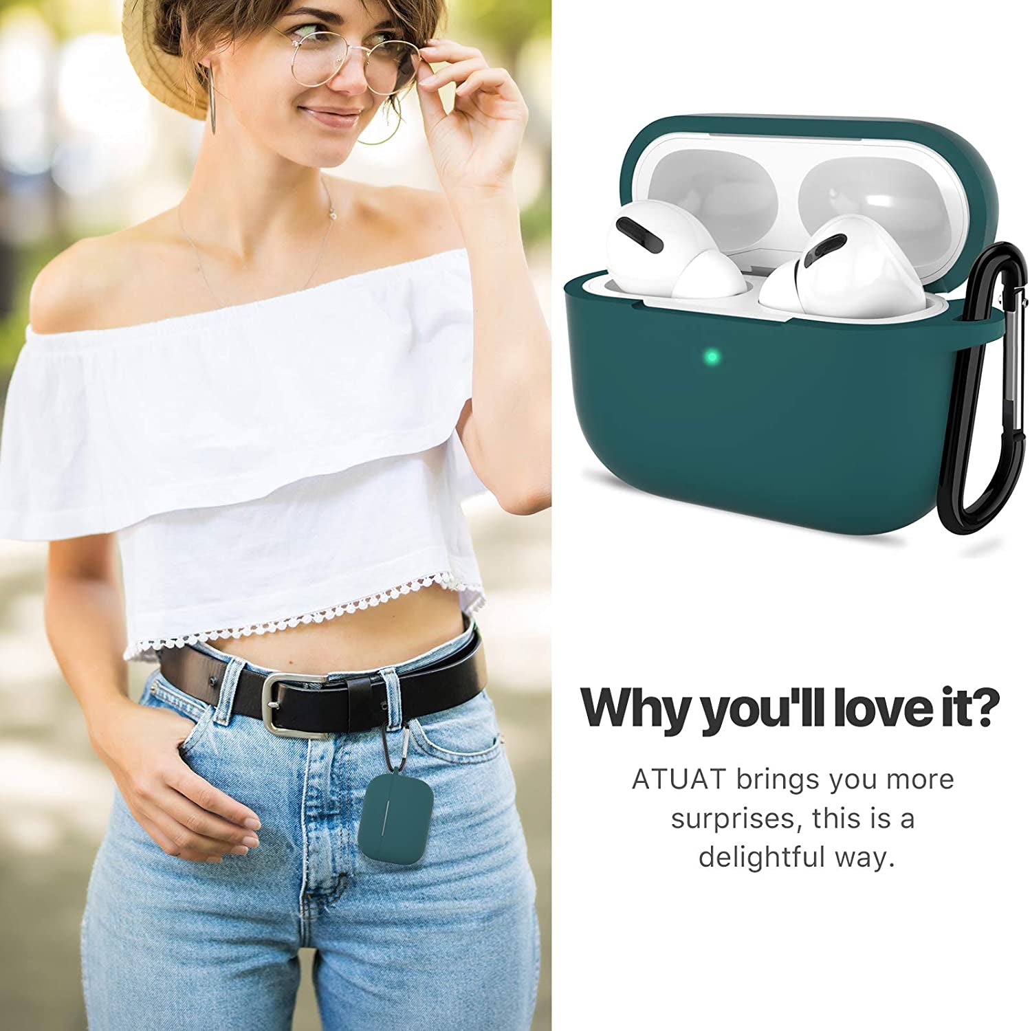 ATUAT for Airpods Pro 1St/2Nd Generation Case Cover, Protective Silicone Skin Accessories with Keychain for Women Men for Apple Airpods Pro 2019/2022 Charging Case,Front LED Visible-Midnight Green