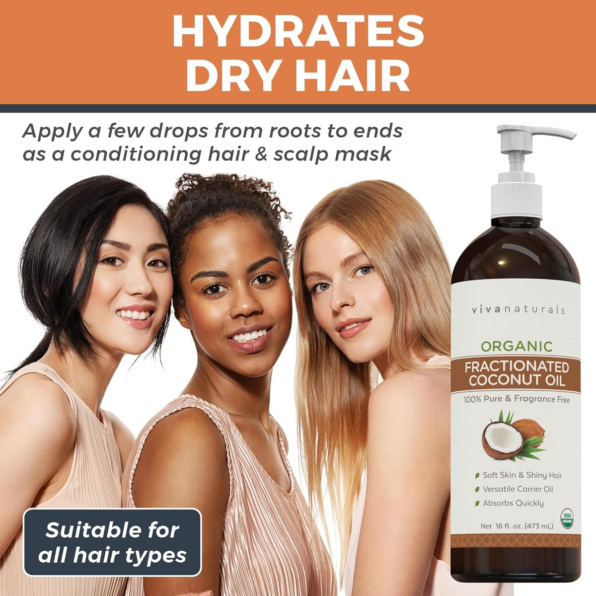 Viva Naturals Organic Fractionated Coconut Oil for skin and hair, hydrating dry hair and suitable for all hair types.