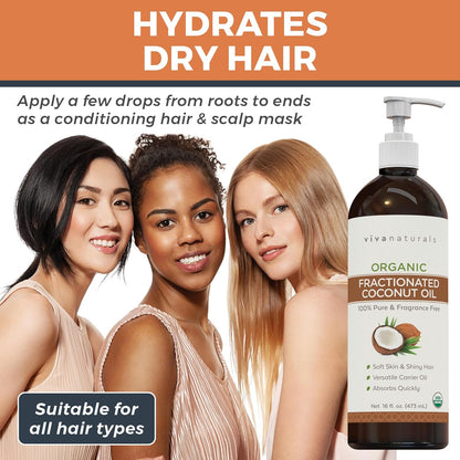 Viva Naturals Organic Fractionated Coconut Oil for skin and hair, hydrating dry hair and suitable for all hair types.