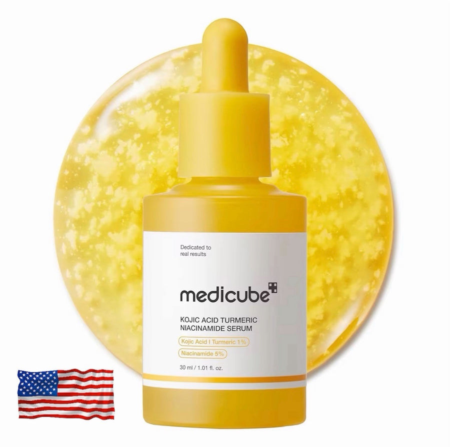 MEDICUBE Kojic Acid Turmeric Niacinamide Serum 30 Ml in yellow bottle with brightening dark spot formulation.