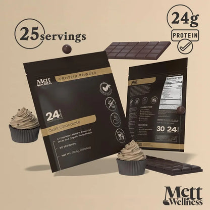 Mett Wellness Protein Powder | Dark Chocolate Grass-Fed Whey + Hemp Heart Protein | 24G Protein per Serving | 30 Servings