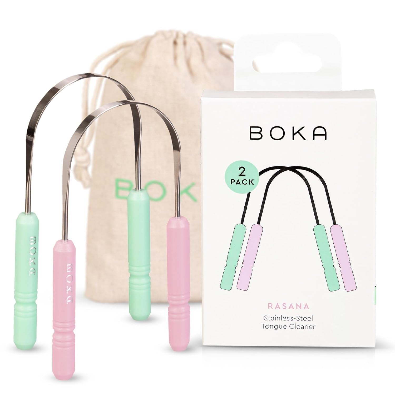 Boka Tongue Scraper for Adults &amp; Kids with Case - Stainless Steel Tongue Cleaner W/Linen Travel Pouch - Scrubber to Remove Tongue Buildup and Freshens Breath (Pack of 1)