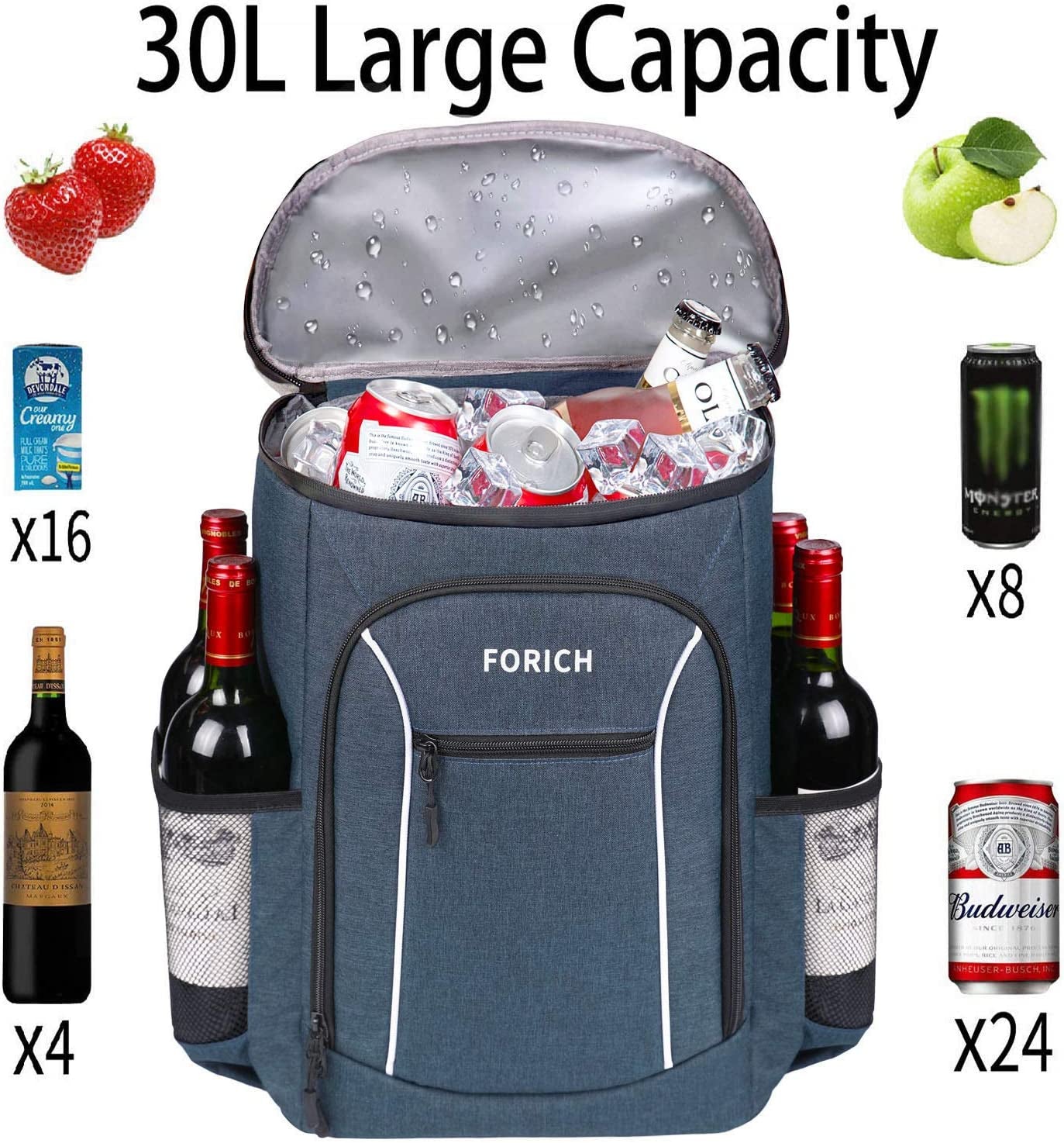 FORICH Cooler Backpack Portable Soft Backpack Coolers Insulated Leak Proof Large Cooler Bag for Men Women to Work Lunch Travel Beach Camping Hiking Picnic Fishing Beer Bottle Backpacks, 30 Cans (Blue)