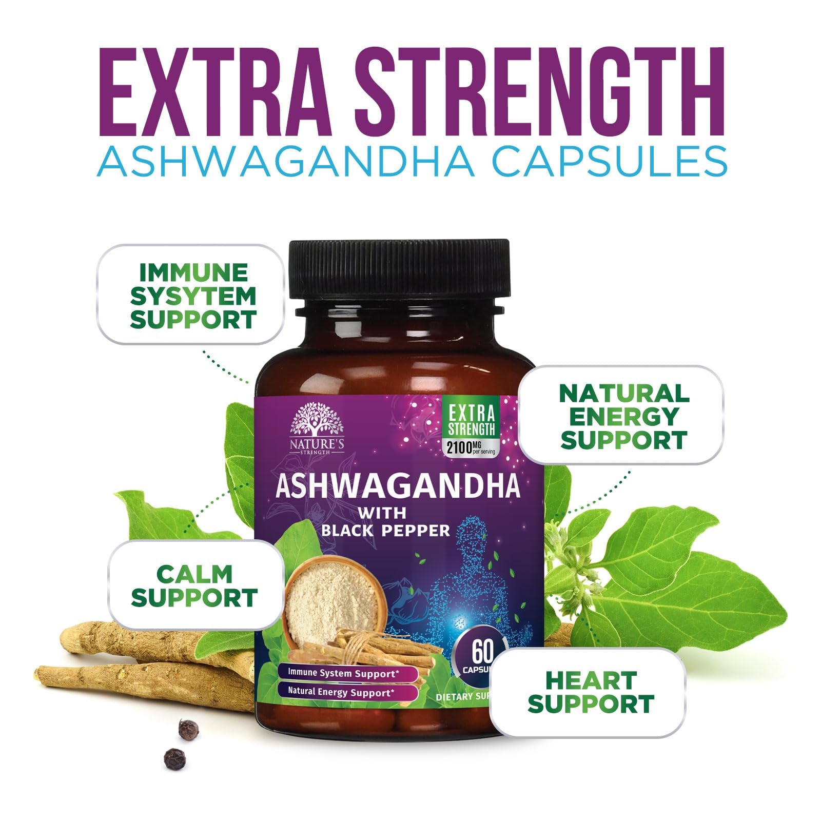 Ashwagandha Supplements - High-Absorption Ashwagandha Root Extract Powder with Black Pepper for Max Absorption - Herbal Supplement for Women &amp; Men, Vegan &amp; Gluten Free, Bottled in USA - 60 Capsules