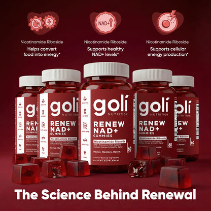 Goli Renew NAD+ (NR) Gummies. Clinically Studied NR Nicotinamide Riboside, Healthy Aging &amp; Cellular Energy. Gluten Free, Non-Gmo, Gelatin-Free, Vegan.