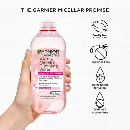 Micellar Water with Rose Water and Glycerin, Hydrating Facial Cleanser &amp; Makeup Remover, for All Skin Types, Vegan, Cruelty Free, 13.5 Fl Oz (400Ml), 1 Count
