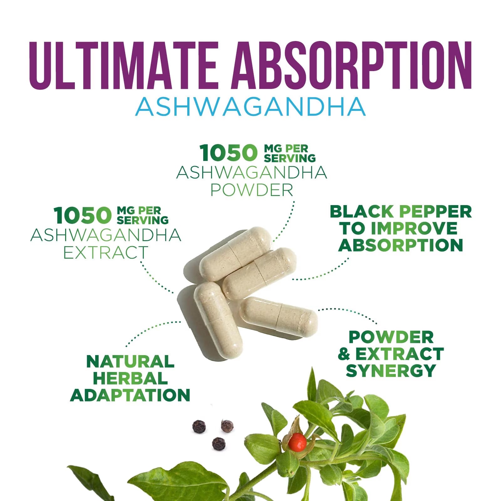Ashwagandha Supplements - High-Absorption Ashwagandha Root Extract Powder with Black Pepper for Max Absorption - Herbal Supplement for Women &amp; Men, Vegan &amp; Gluten Free, Bottled in USA - 60 Capsules