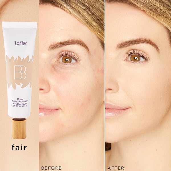 Tarte BB Blur Tinted Moisturizer SPF 30 before and after application showing skin improvement
