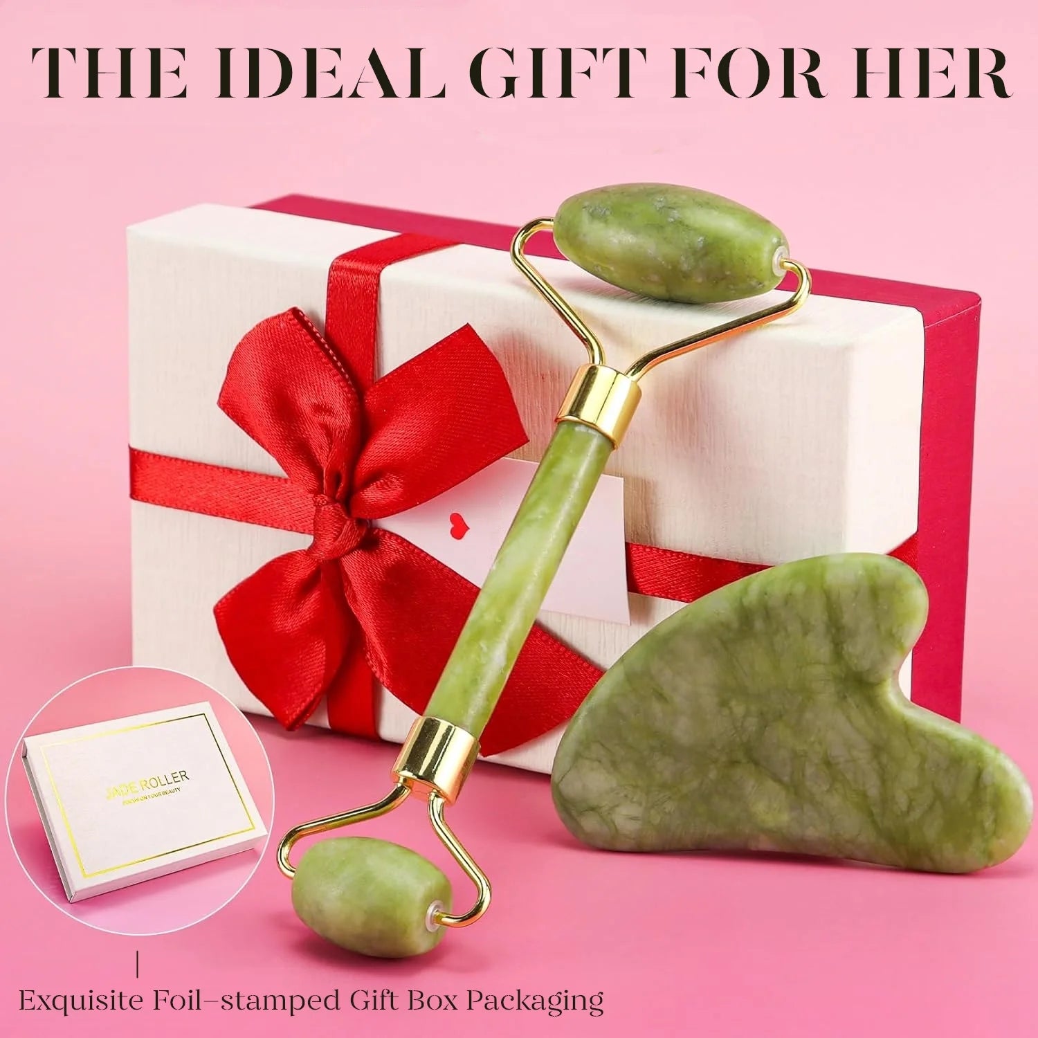 Jade Roller &amp; Gua Sha, Natural Jade Face Roller Gua Sha Tool Facial Skin Care Supplies, Green