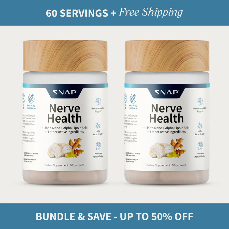 Natural nerve health supplement by SNAP in two bottles for nerve support and cognitive clarity with free shipping.