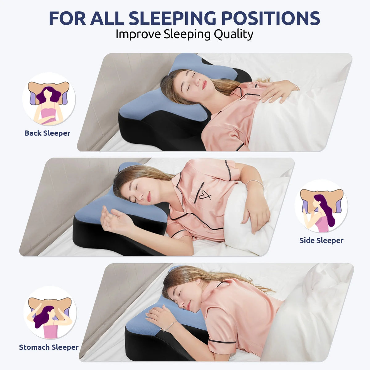 Contour Memory Foam Cervical Pillow suitable for back, side, and stomach sleepers to improve sleeping quality.