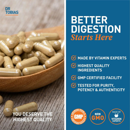 Dr. Tobias Digestive Enzymes - 120 Capsules, 60 Servings (2 Daily) | Includes Probiotics, Prebiotics and Postbiotics Bromelain, Amylase, Lipase, for Better Digestion &amp; Immune Function.