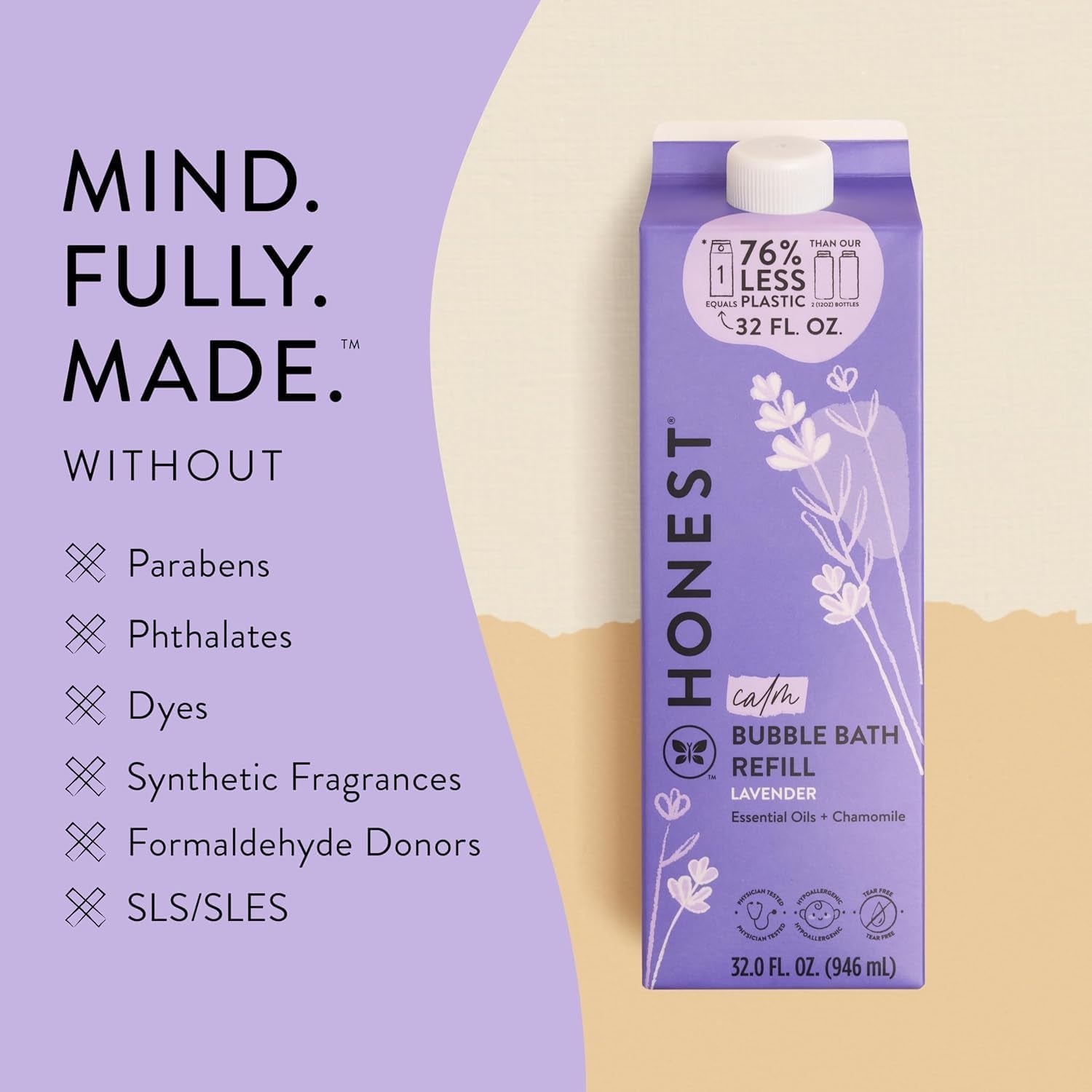 Foaming Bubble Bath Refill Carton, Gentle for Baby, Naturally Derived, Tear-Free, Hypoallergenic, Lavender Calm, 32 Fl Oz