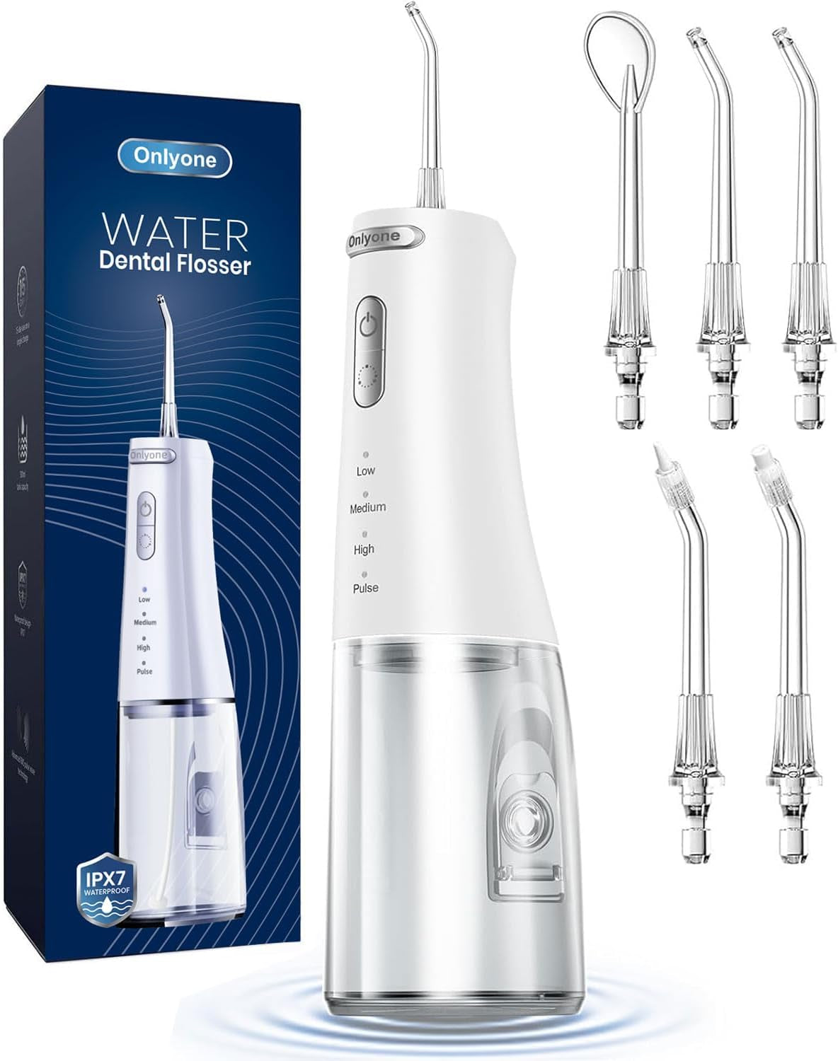 Onlyone rechargeable cordless water flosser with adjustable pressure and multiple tips for effective oral hygiene.