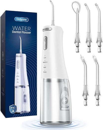 Onlyone rechargeable cordless water flosser with adjustable pressure and multiple tips for effective oral hygiene.