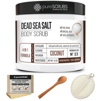 Purescrubs Premium Coconut Body Scrub Set - Large 16Oz Dead Sea Salt Body Scrub with Infused Essential Oils &amp; Nutrients, Includes Wooden Spoon, Loofah &amp; Oatmeal Exfoliating Bar Soap