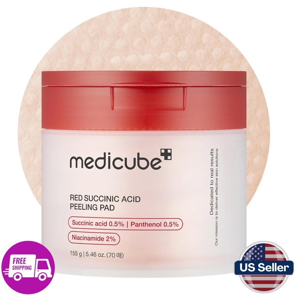 Medicube Red Succinic Acid Peeling Pads, exfoliating toner pads for acne-prone skin with succinic acid and panthenol.