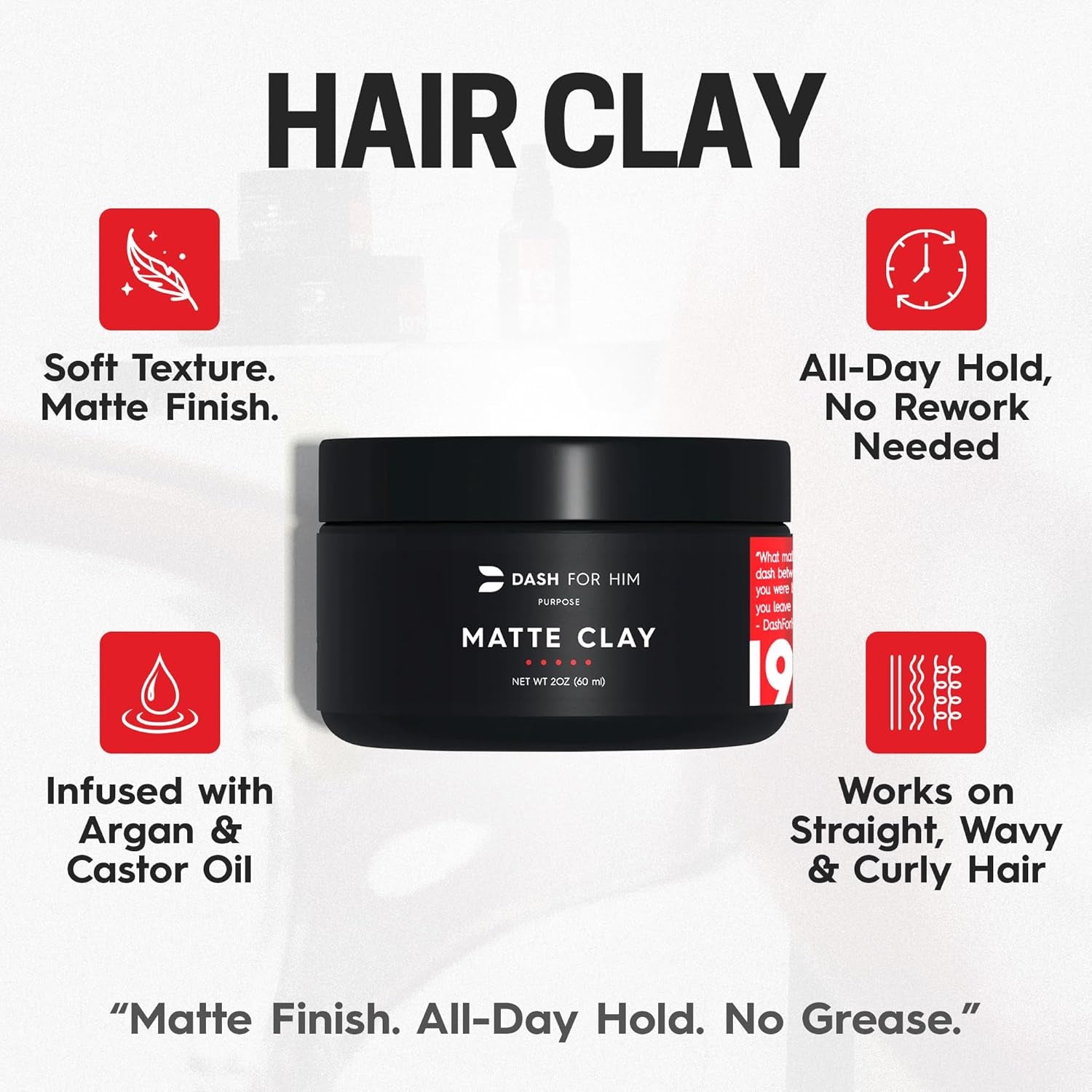 Hair Clay for Men – Matte Finish | Medium Hold, Adds Volume &amp; Texture | Scented, Clean Ingredients, Non-Greasy &amp; Easy to Wash Out | Barber-Grade Men’S Styling Clay | Made in the USA 2Oz