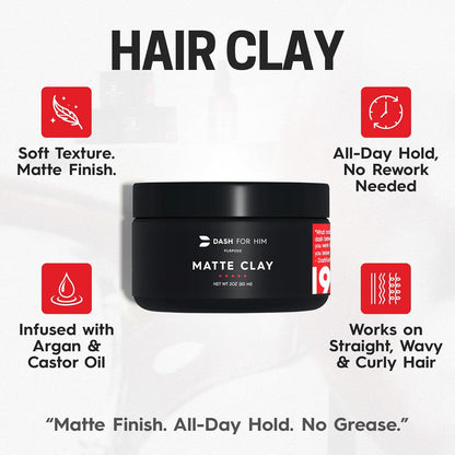 Hair Clay for Men – Matte Finish | Medium Hold, Adds Volume &amp; Texture | Scented, Clean Ingredients, Non-Greasy &amp; Easy to Wash Out | Barber-Grade Men’S Styling Clay | Made in the USA 2Oz