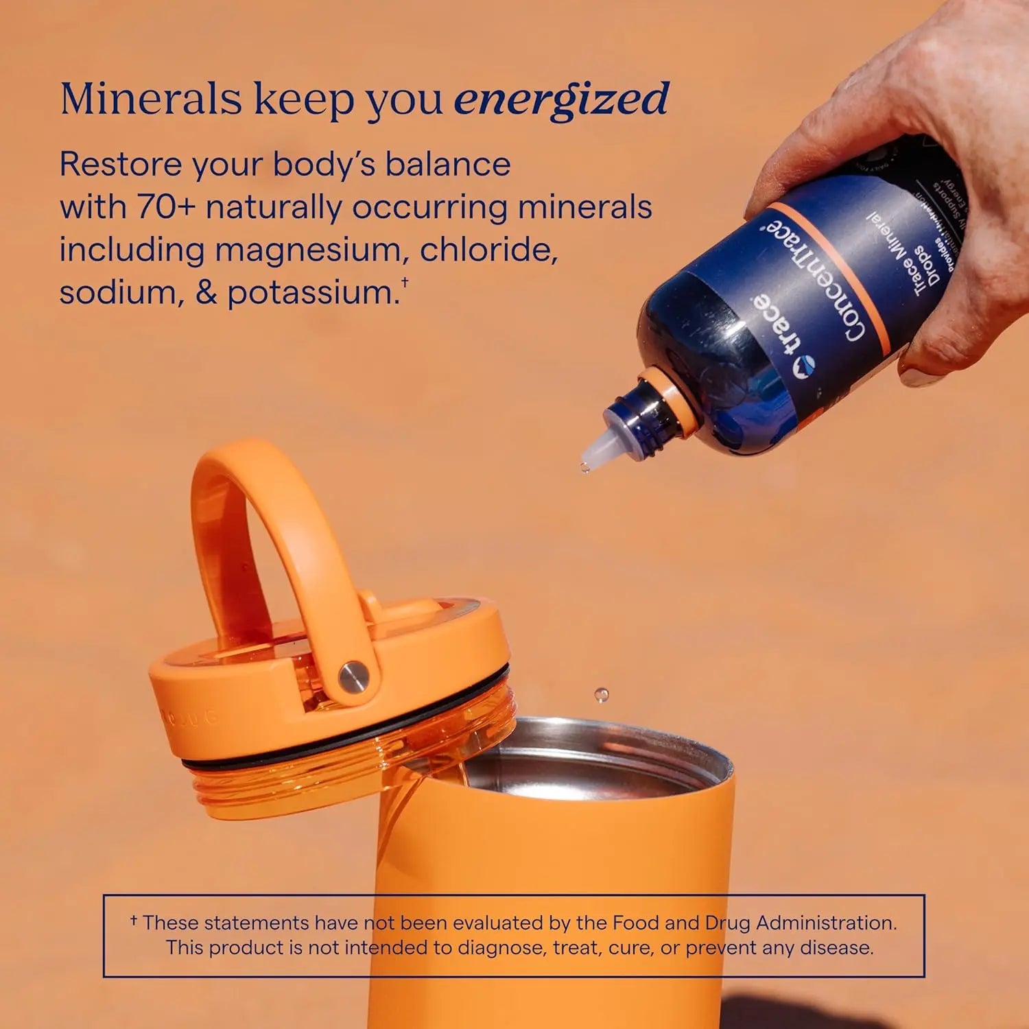 Hand pouring ConcenTrace trace mineral drops for hydration into a bottle, promoting energy and mineral balance.