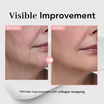 Visible improvement before and after using collagen elastin hydrating mask for enhanced skin elasticity.