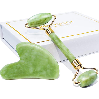 Jade Roller &amp; Gua Sha, Natural Jade Face Roller Gua Sha Tool Facial Skin Care Supplies, Green