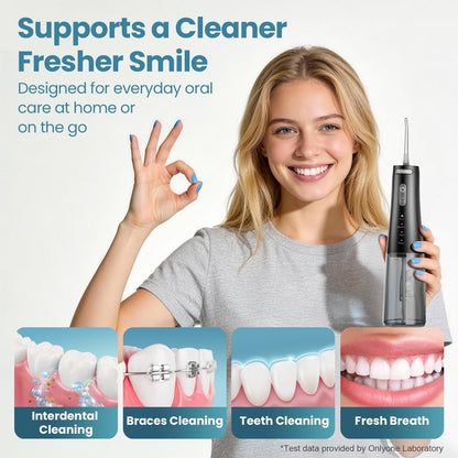 Onlyone rechargeable cordless water flosser user showcasing its benefits, emphasizing oral care for travelers and daily hygiene.