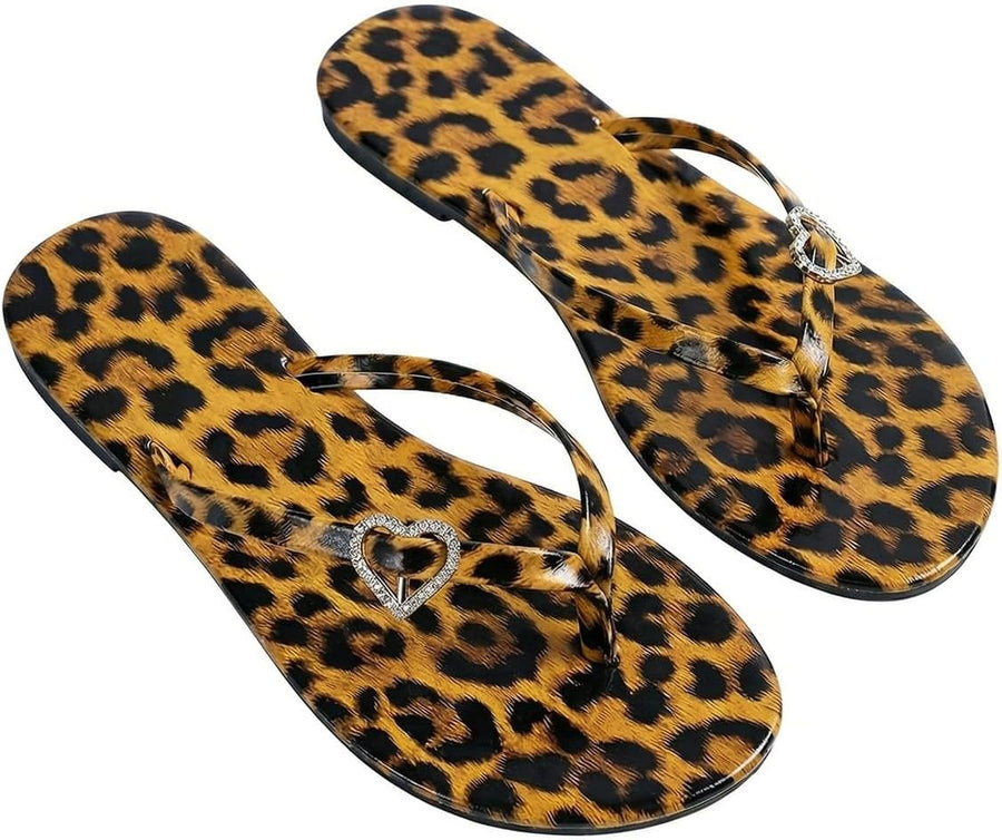 OYOANGLE Women'S Leopard Print Flip Flop Sandals Rhinestone Heart Decor Vacation Casual Cheetah Thong Sandal