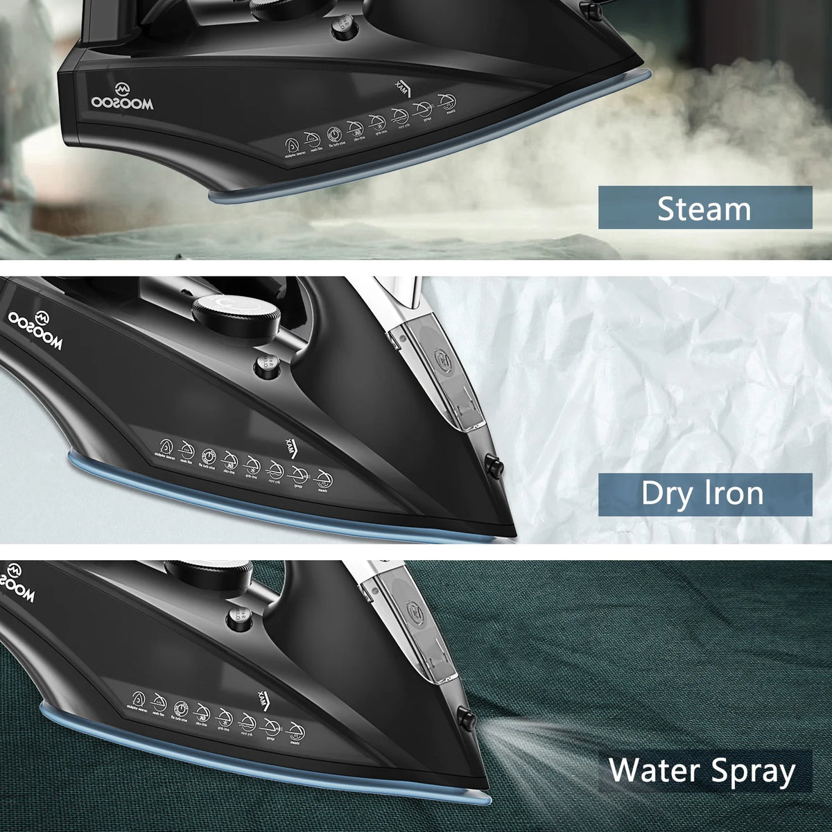 1800W steam iron with anti-drip system showing steam, dry iron, and water spray features.