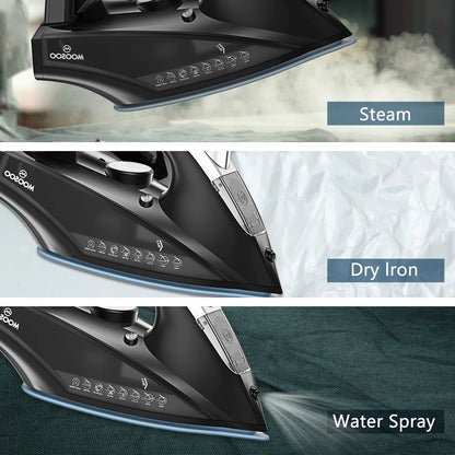 1800W steam iron with anti-drip system showing steam, dry iron, and water spray features.