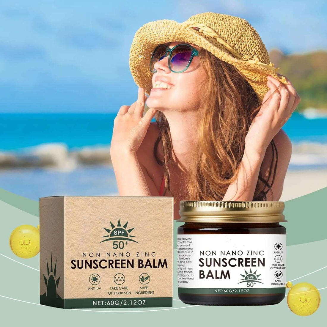 Beef Tallow Sunscreen SPF 50 displayed on the beach, showcasing natural protection with non-nano zinc oxide.