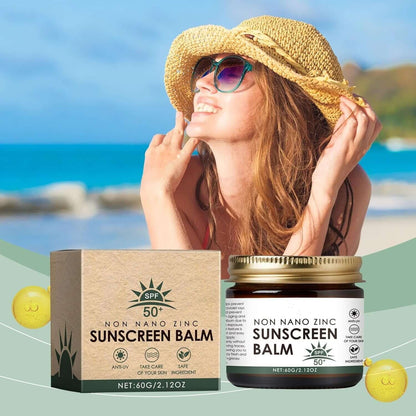 Beef Tallow Sunscreen SPF 50 displayed on the beach, showcasing natural protection with non-nano zinc oxide.