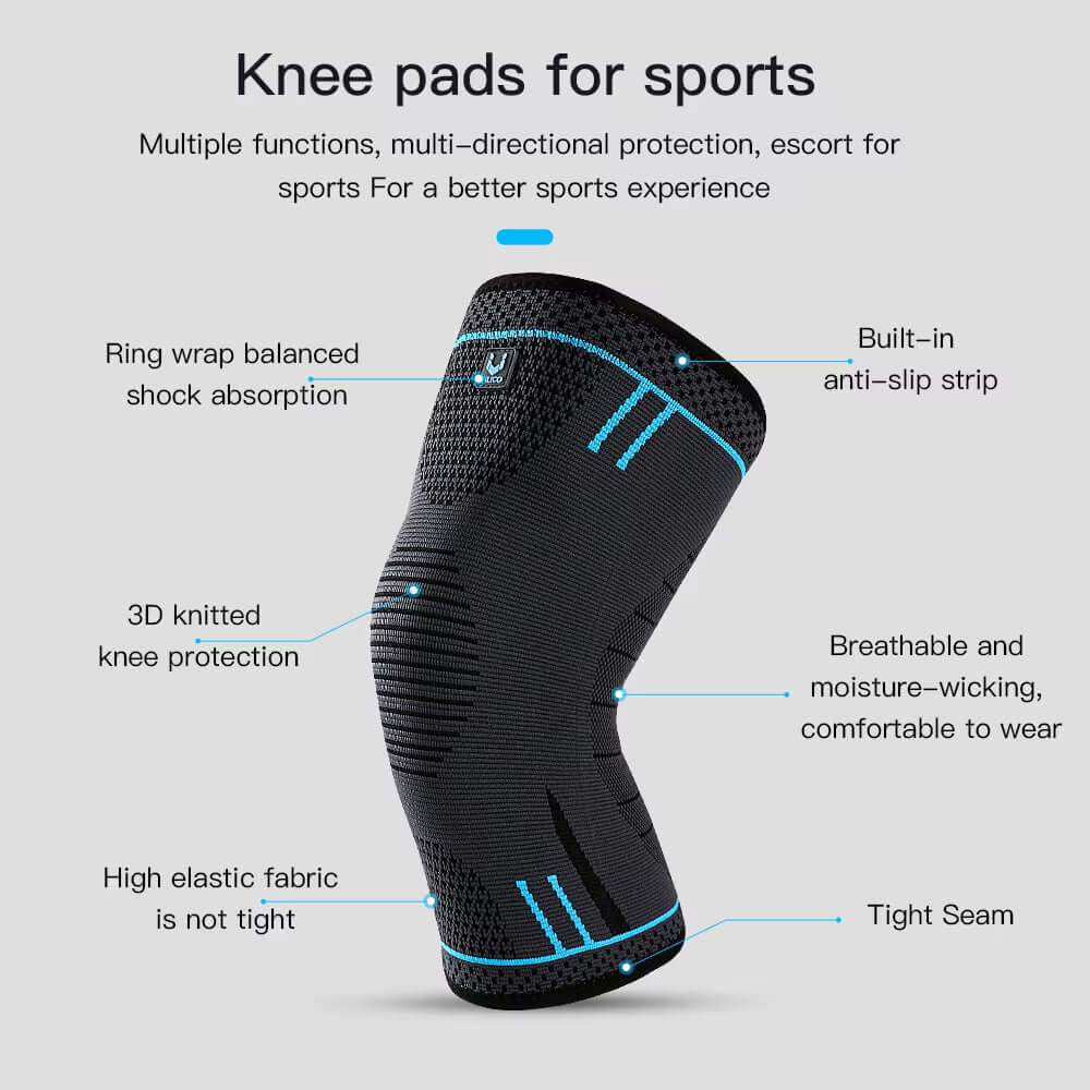 Compression Knee Support Sleeve with shock absorption and anti-slip strip for sports protection.