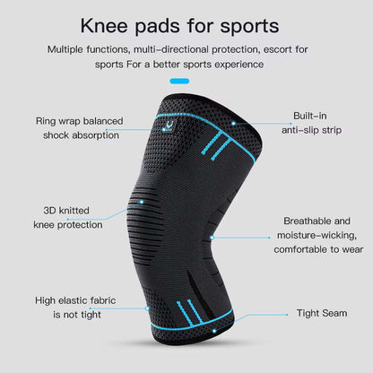 Compression Knee Support Sleeve with shock absorption and anti-slip strip for sports protection.