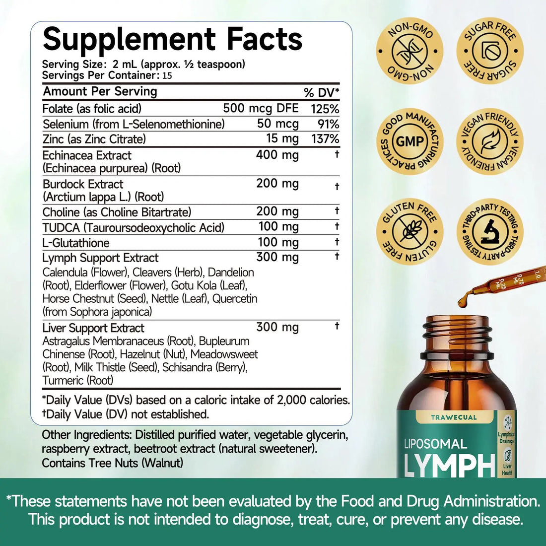 Trawecual Liposomal Lymphatic Support&amp; Liver Cleanse Help Drops 23-In-1 for Detox &amp; Immune Boost with Echinacea NAC TUDCA L-Glutathione Burdock Raspberry Flavor 2 Fl Oz - Natural, Healthcare Supplement Healthy