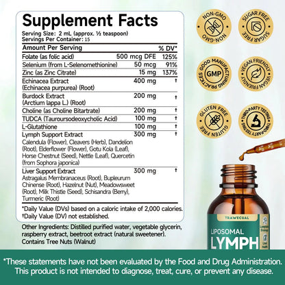 Trawecual Liposomal Lymphatic Support&amp; Liver Cleanse Help Drops 23-In-1 for Detox &amp; Immune Boost with Echinacea NAC TUDCA L-Glutathione Burdock Raspberry Flavor 2 Fl Oz - Natural, Healthcare Supplement Healthy