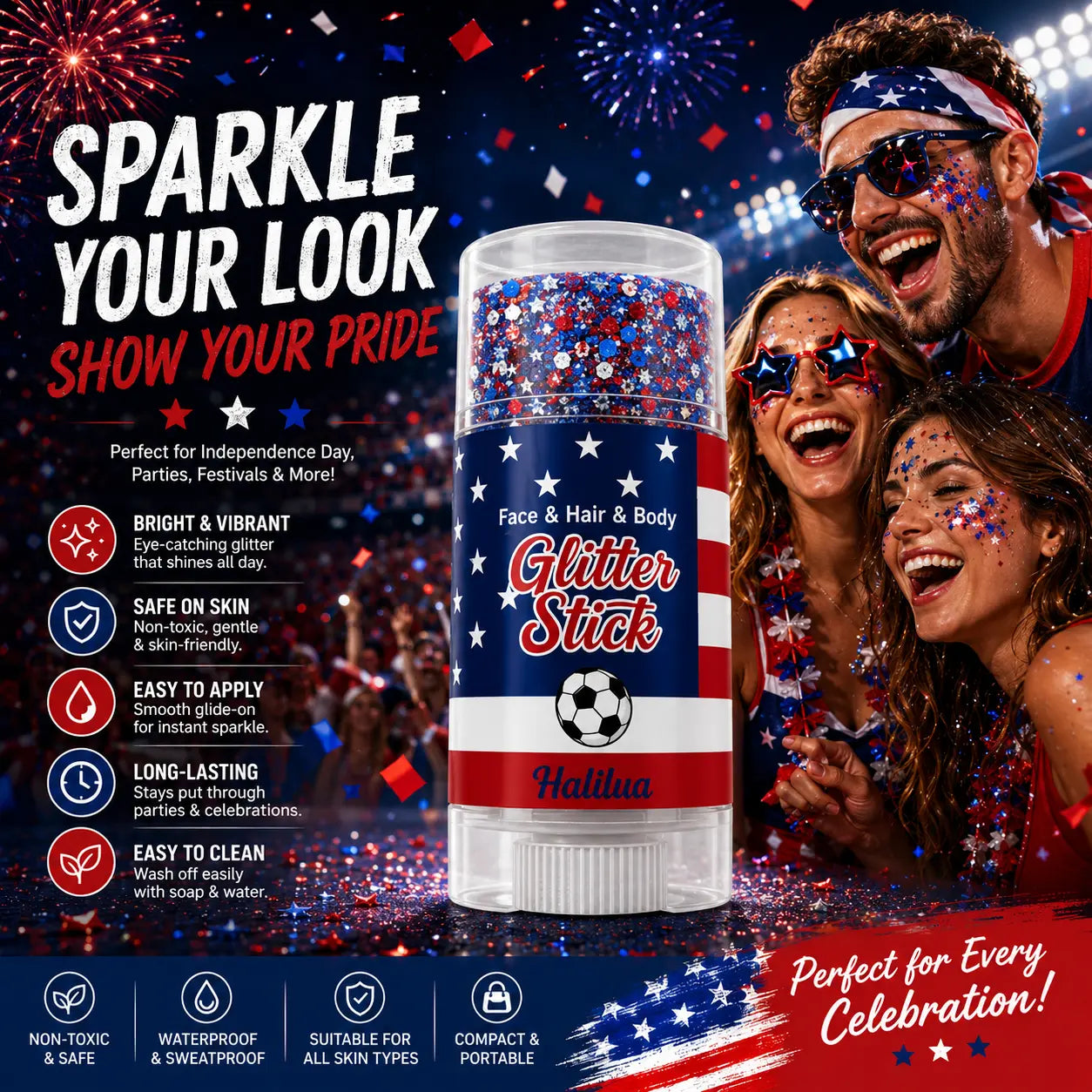 4Th of July Glitter Stick | Red, White &amp; Blue Body &amp; Hair Sparkle for Independence Day Party, Festival &amp; Fun Holiday Look